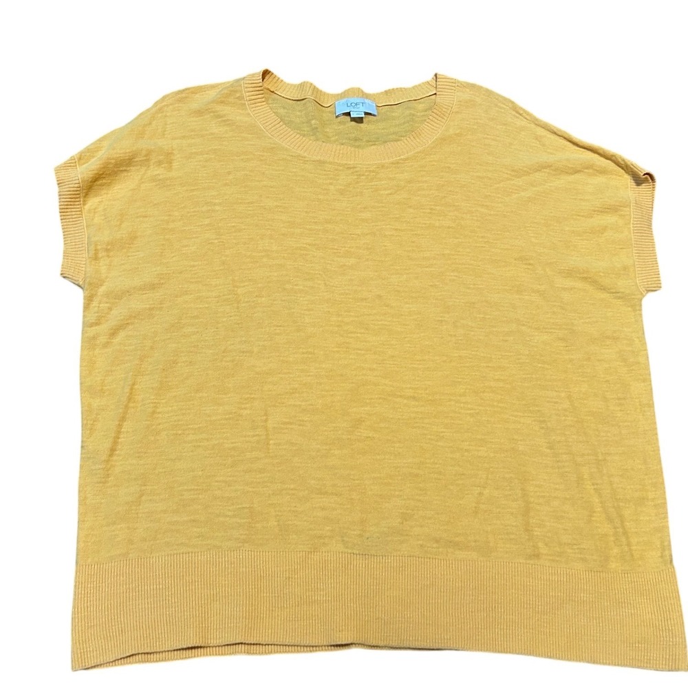 LOFT Outlet Mustard Yellow Short Sleeve Knit Sweater Crew Neck Ribbed Trim Large